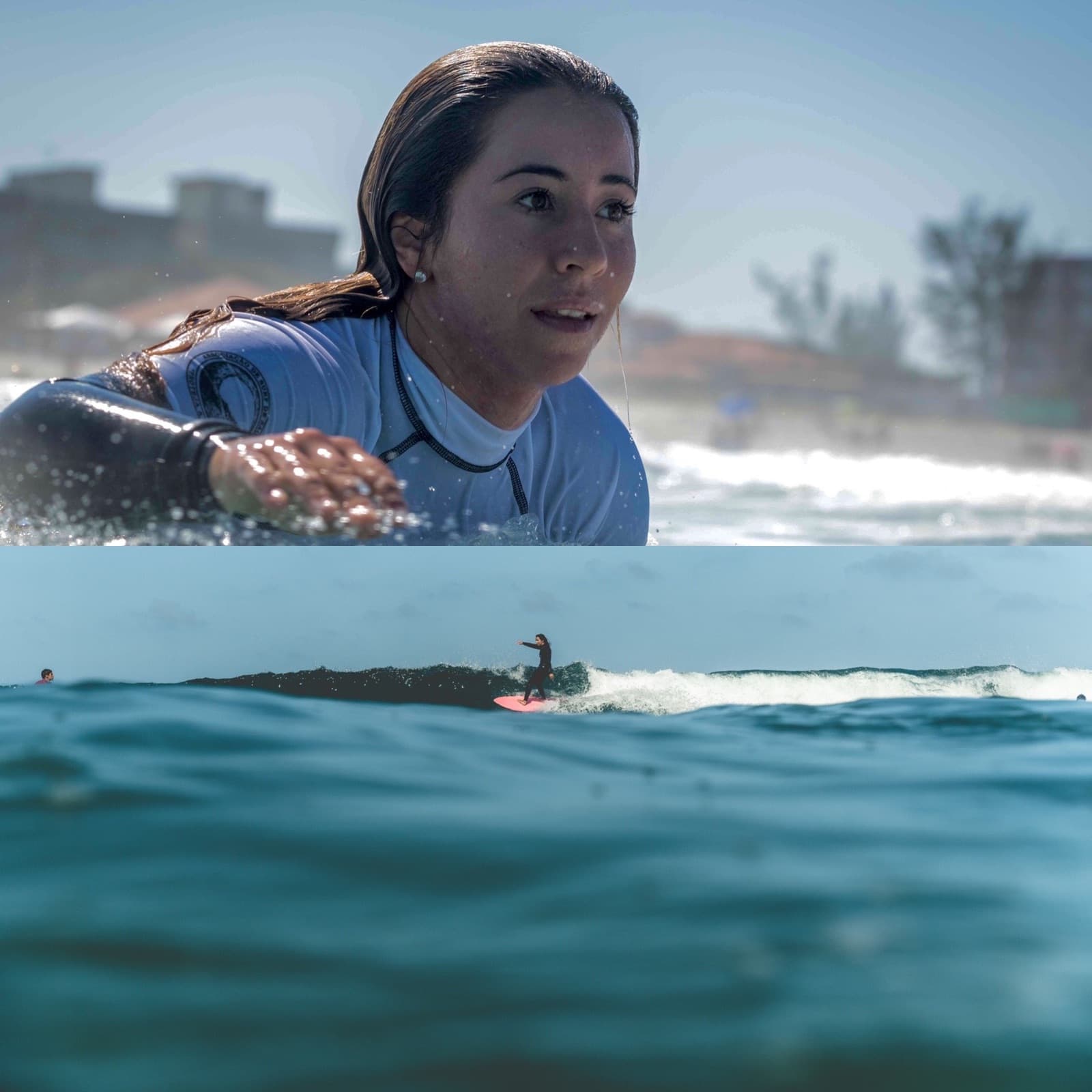 Two photos of Marina Rezende: paddling in a competition jersey, and free surfing a wave on a pink board.